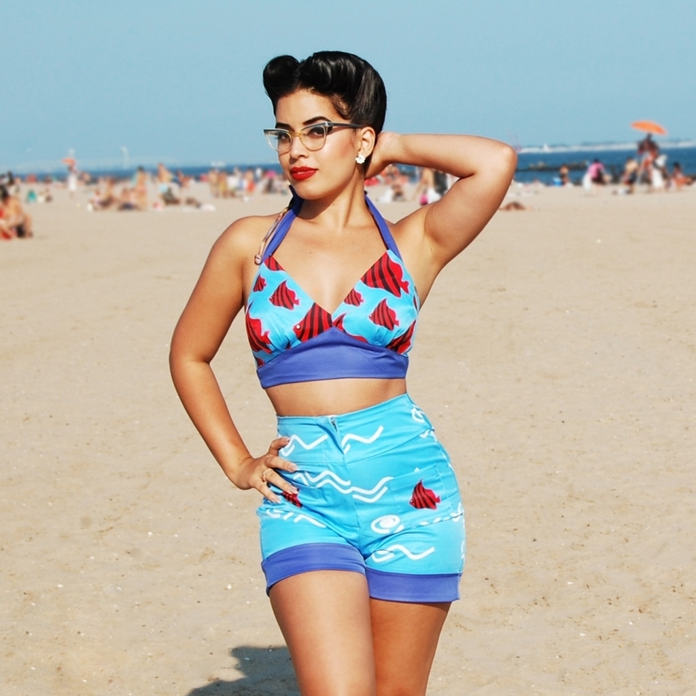 Blue and Red Skirt Set Short Bettie Page Designs Tatyana What a Catch Graphic